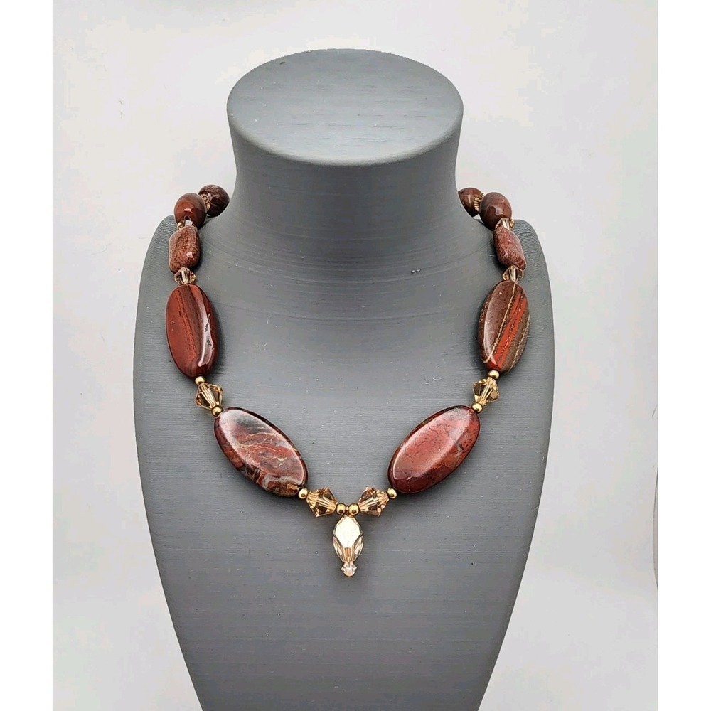 Red Jasper & Amber Tone Crystal Beaded Necklace Artisan Chunky Boho
